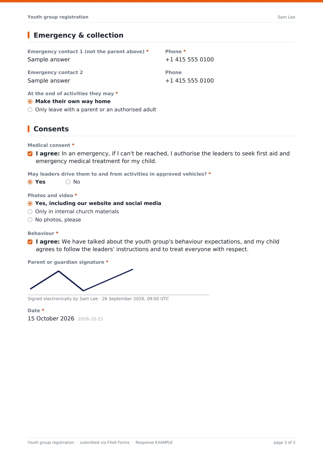 Youth group registration — example response PDF, page 3 of 3