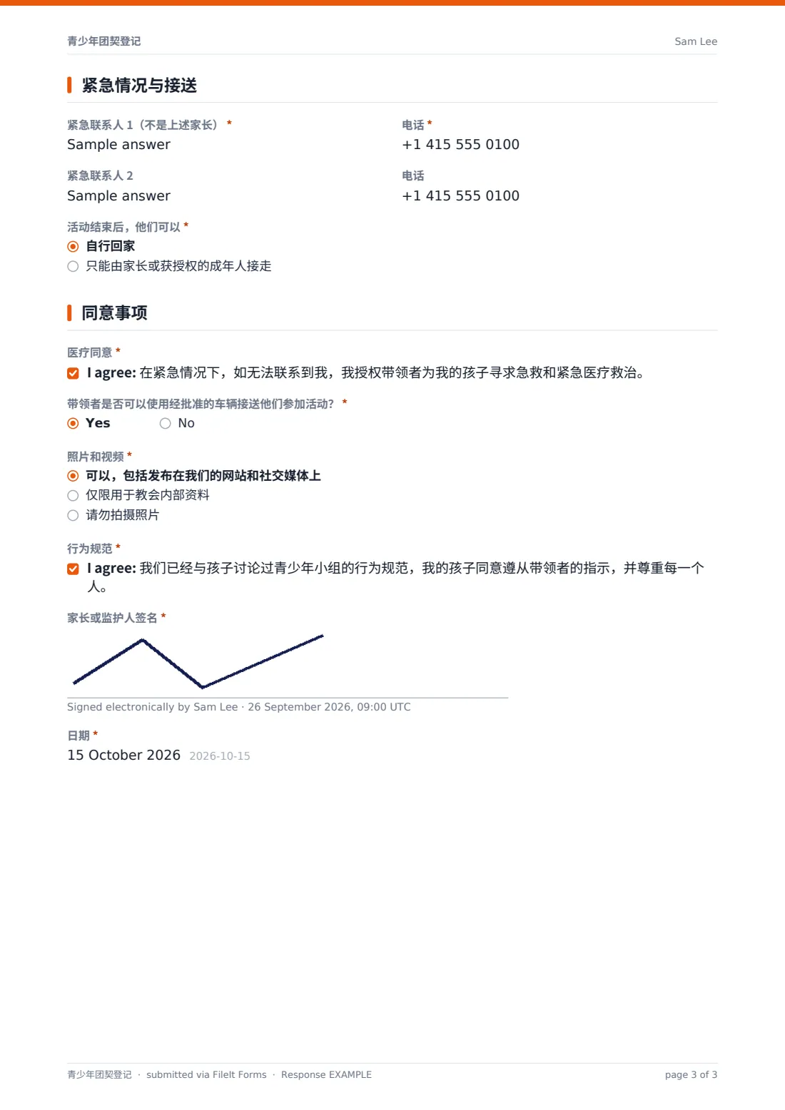 青少年团契登记 — 示例回复 PDF，第 3 页，共 3 页