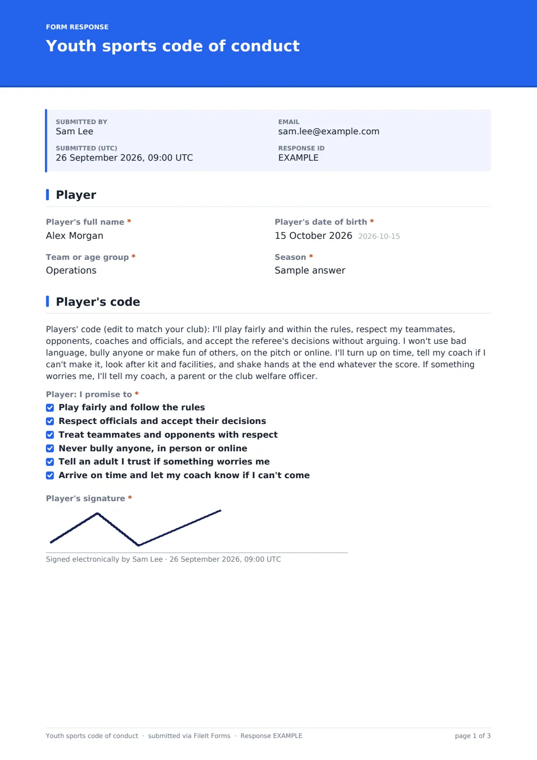 Youth sports code of conduct — example response PDF, page 1 of 3