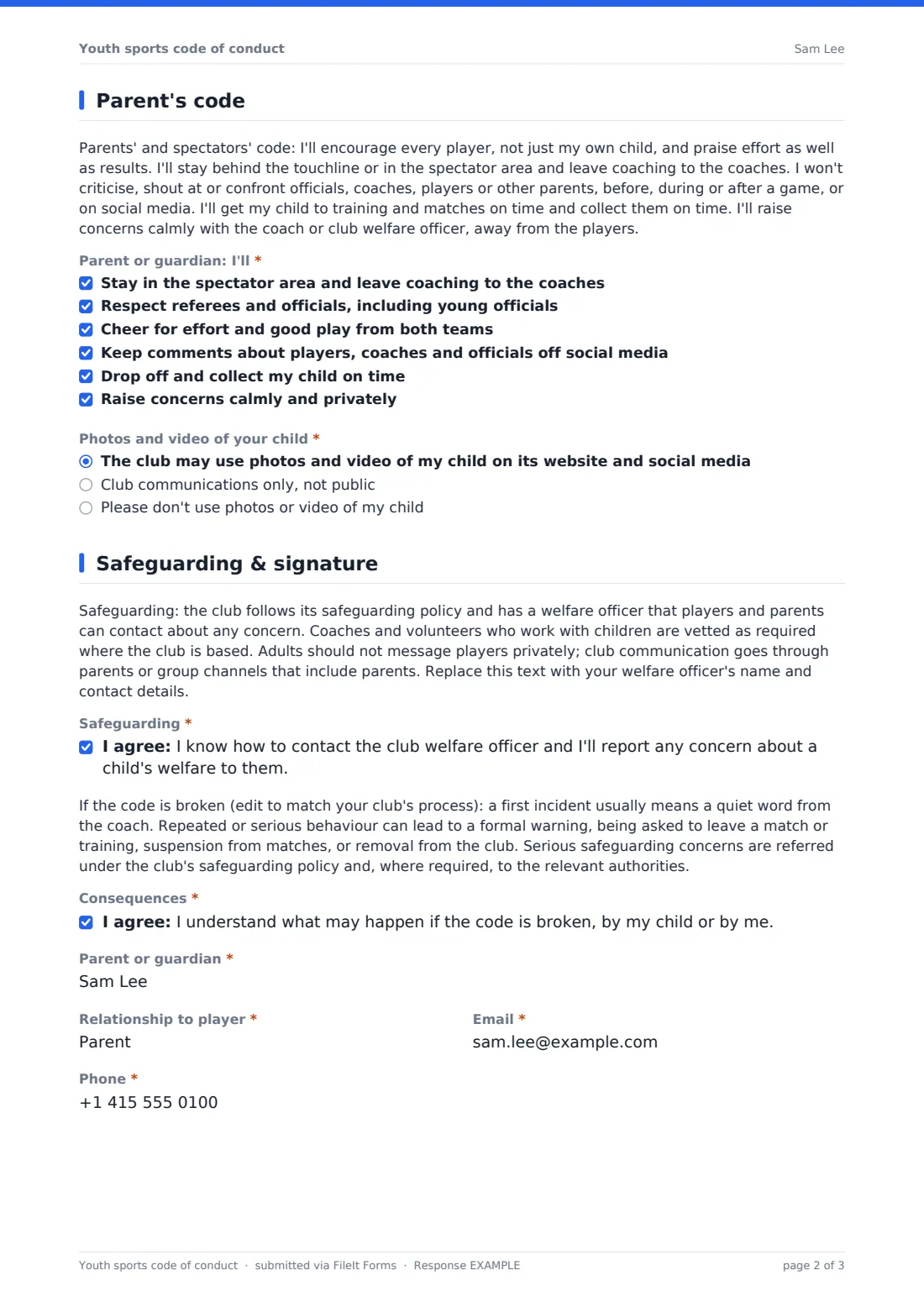 Youth sports code of conduct — example response PDF, page 2 of 3