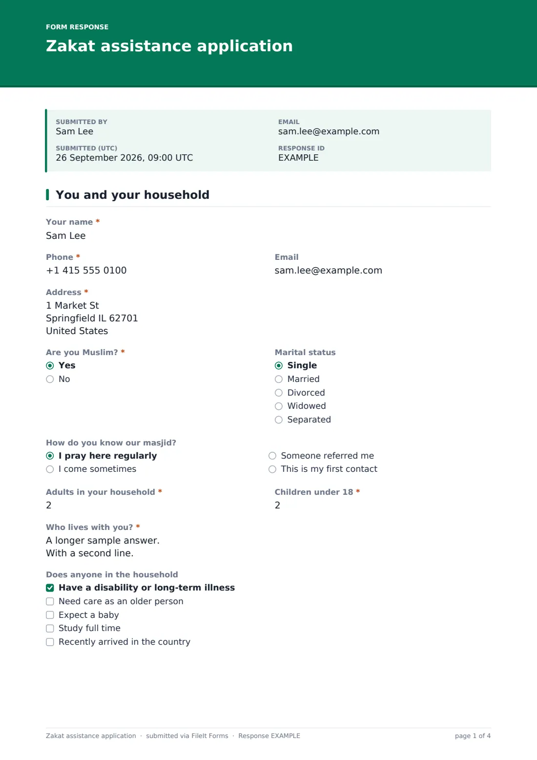 Zakat assistance application — example response PDF, page 1 of 4