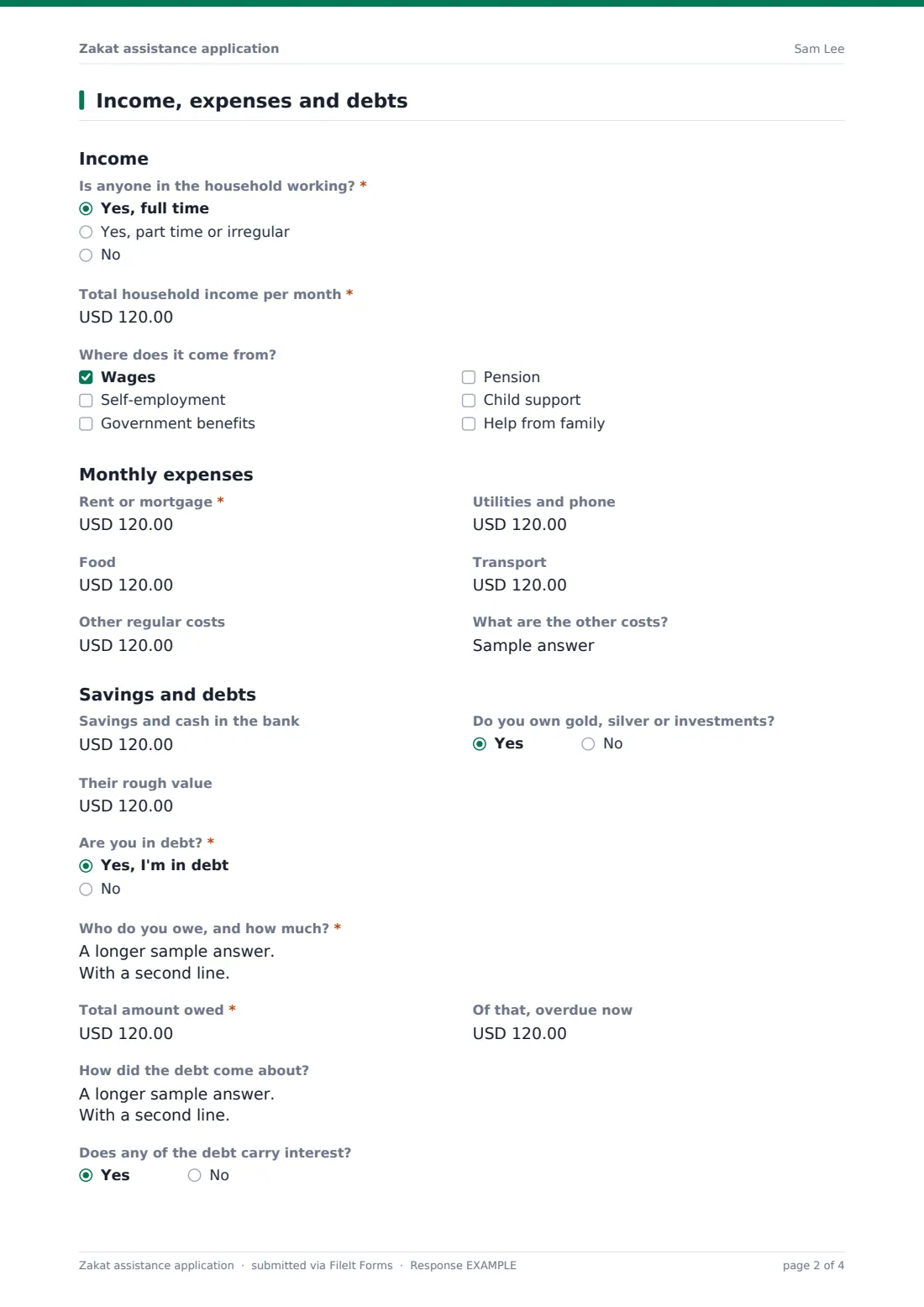 Zakat assistance application — example response PDF, page 2 of 4