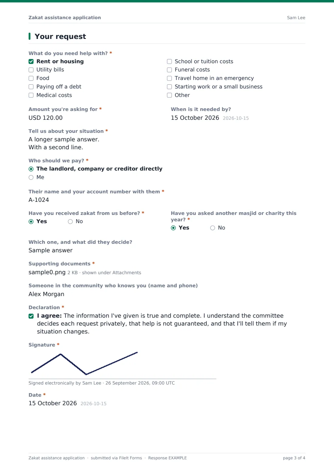 Zakat assistance application — example response PDF, page 3 of 4