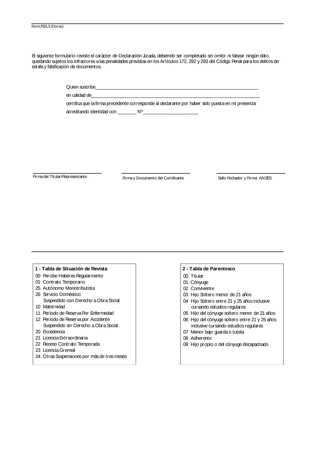 PS 5.3 worker and family health insurer declaration (2018) Form. PS.5.3 – Declaración Jurada del Trabajador y su Grupo Familiar adheridos al Sistema Nacional del Seguro de Salud (worker's sworn declaration of the family members covered by their obra social) — page 2 of 2