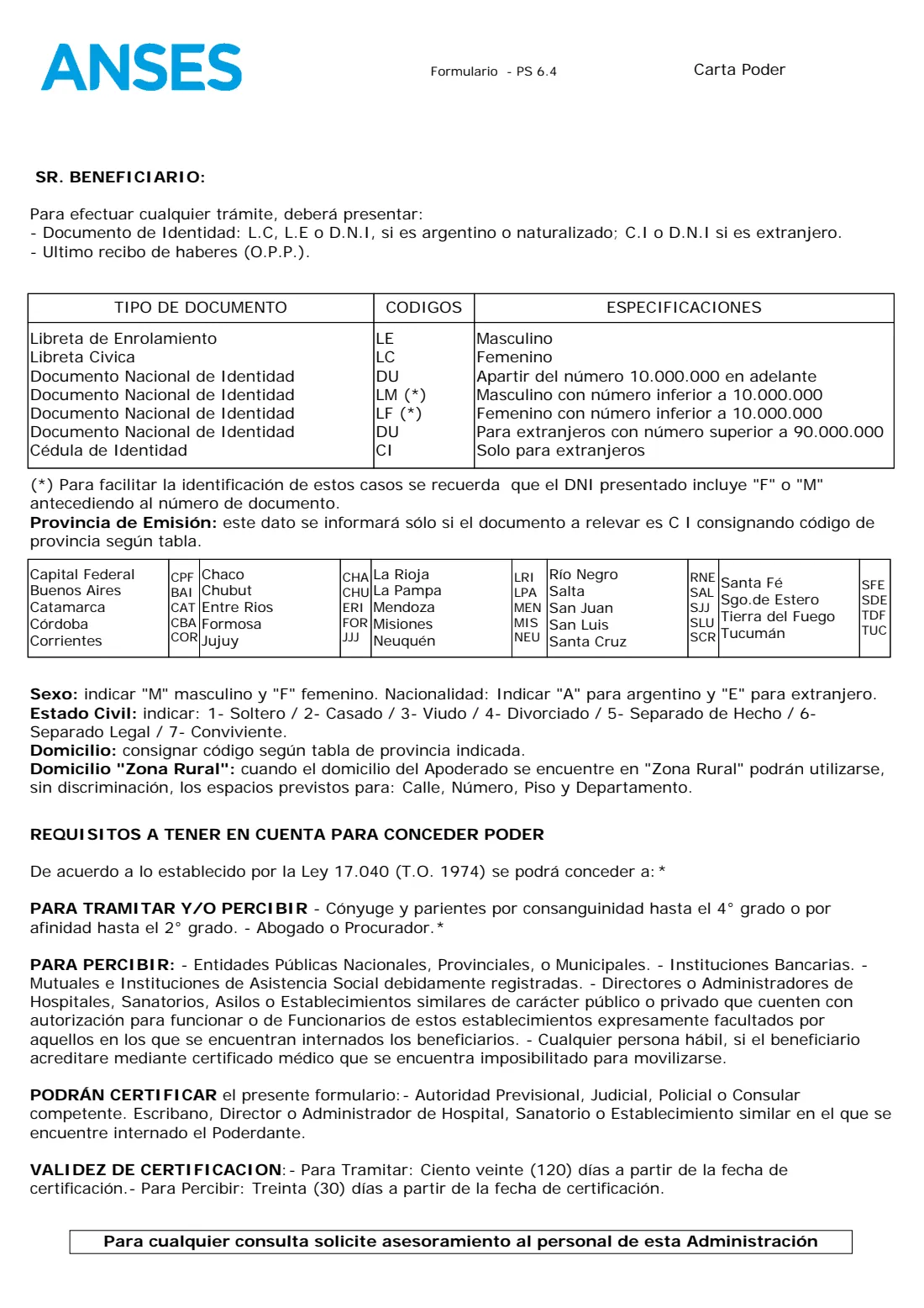 PS 6.4 ANSES power of attorney (carta poder) (2026) Carta Poder (Formulario PS 6.4) — page 2 of 2