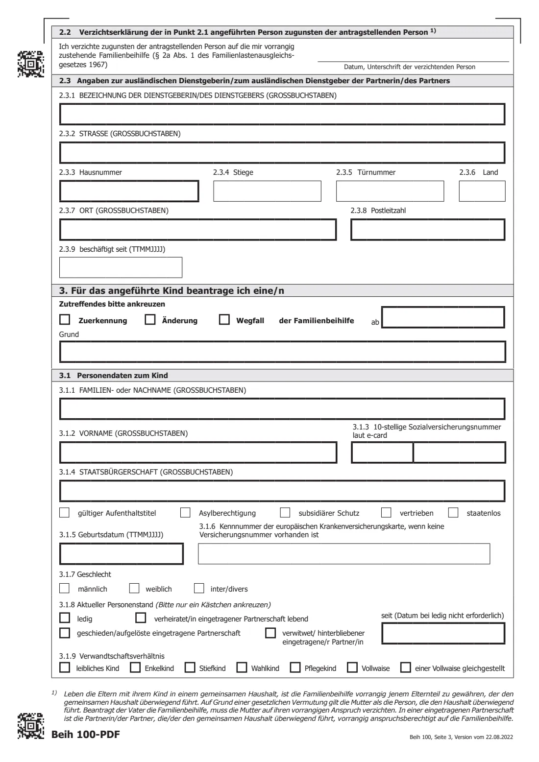 Beih 100 — Antrag auf Familienbeihilfe (family allowance) (2022) Beih 100 — Familienbeihilfe (Zuerkennung/Änderung/Wegfall) — page 3 of 4