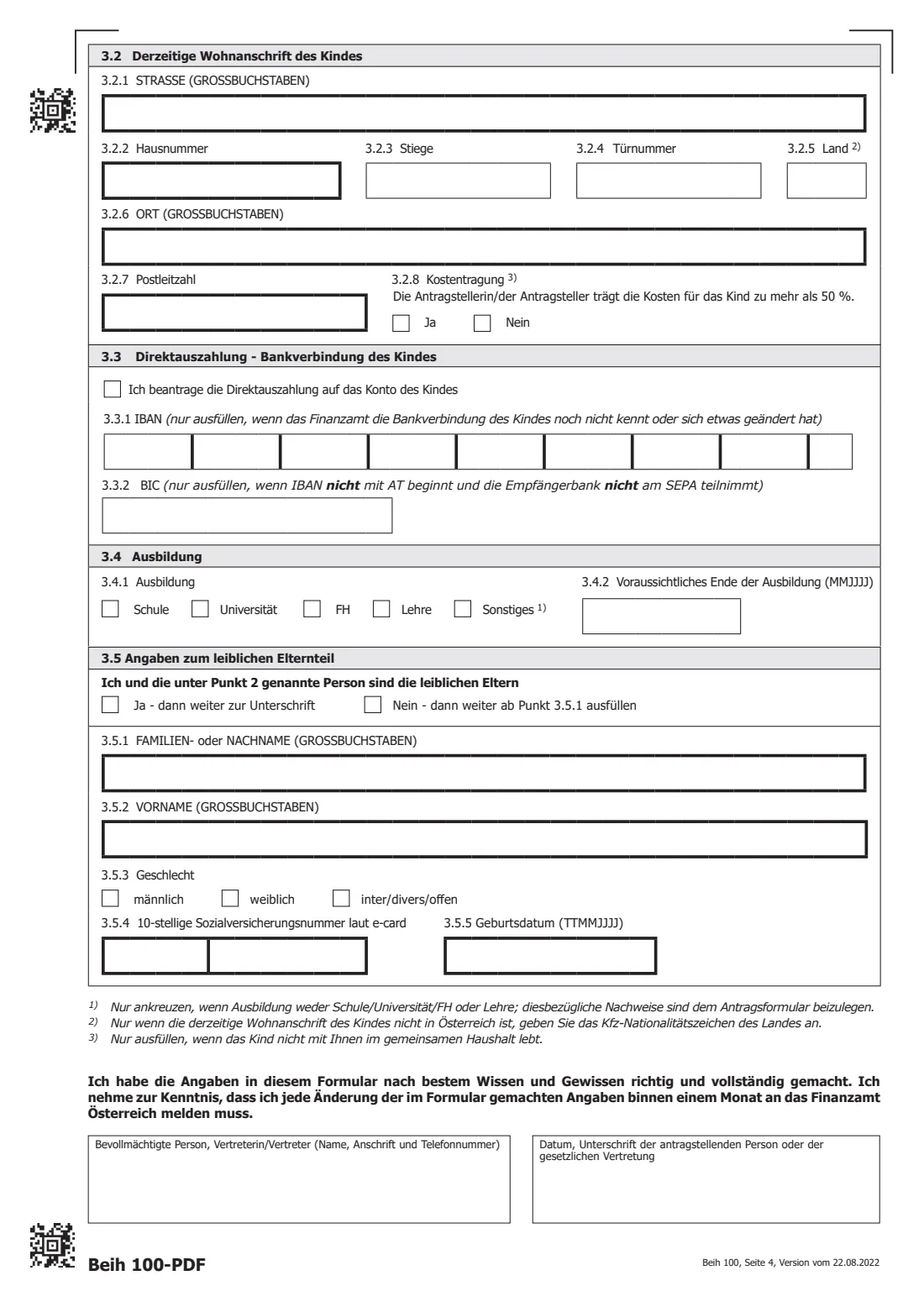 Beih 100 — Antrag auf Familienbeihilfe (family allowance) (2022) Beih 100 — Familienbeihilfe (Zuerkennung/Änderung/Wegfall) — page 4 of 4
