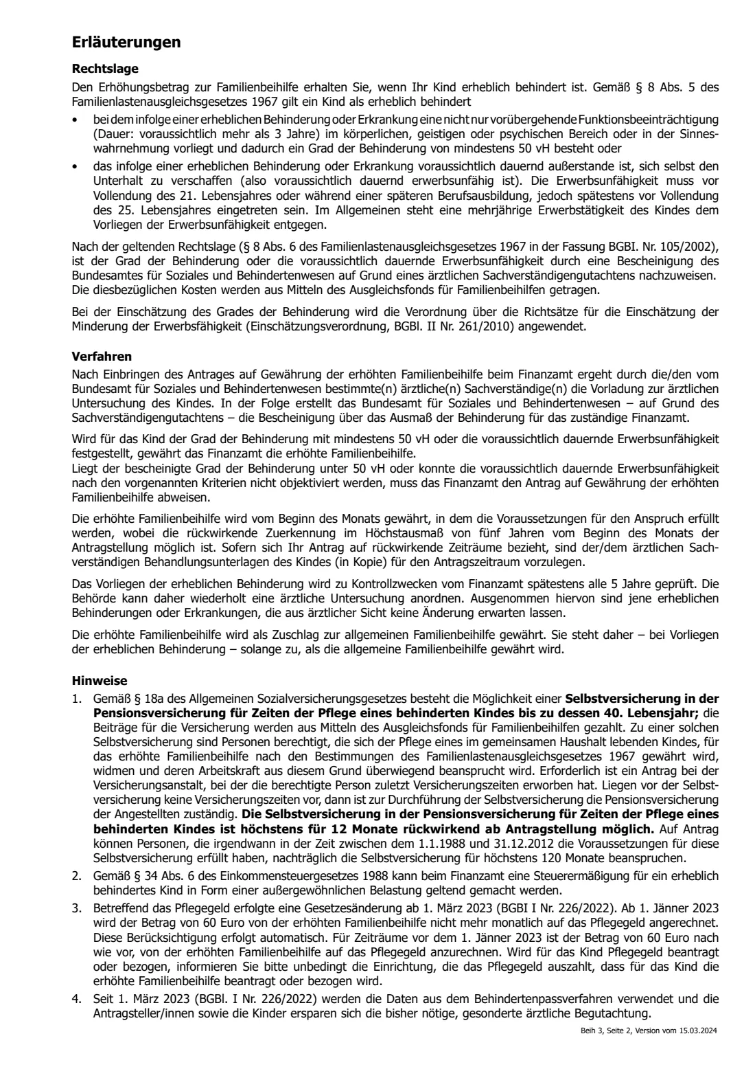 Beih 3 — increased family allowance for a disabled child (2024) Beih 3 Antrag auf Gewährung des Erhöhungsbetrages zur Familienbeihilfe wegen erheblicher Behinderung (application for the increased family allowance for a child with a significant disability) — page 2 of 2
