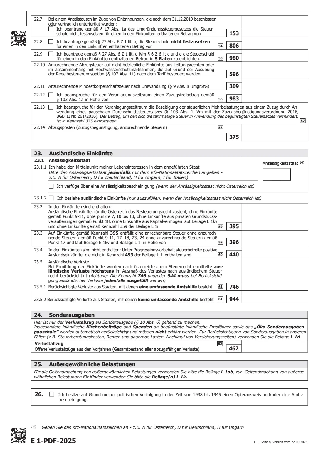 E 1 (2025) — income tax return (2025) Income tax return 2025 (Einkommensteuererklärung für 2025, E 1) — page 8 of 9