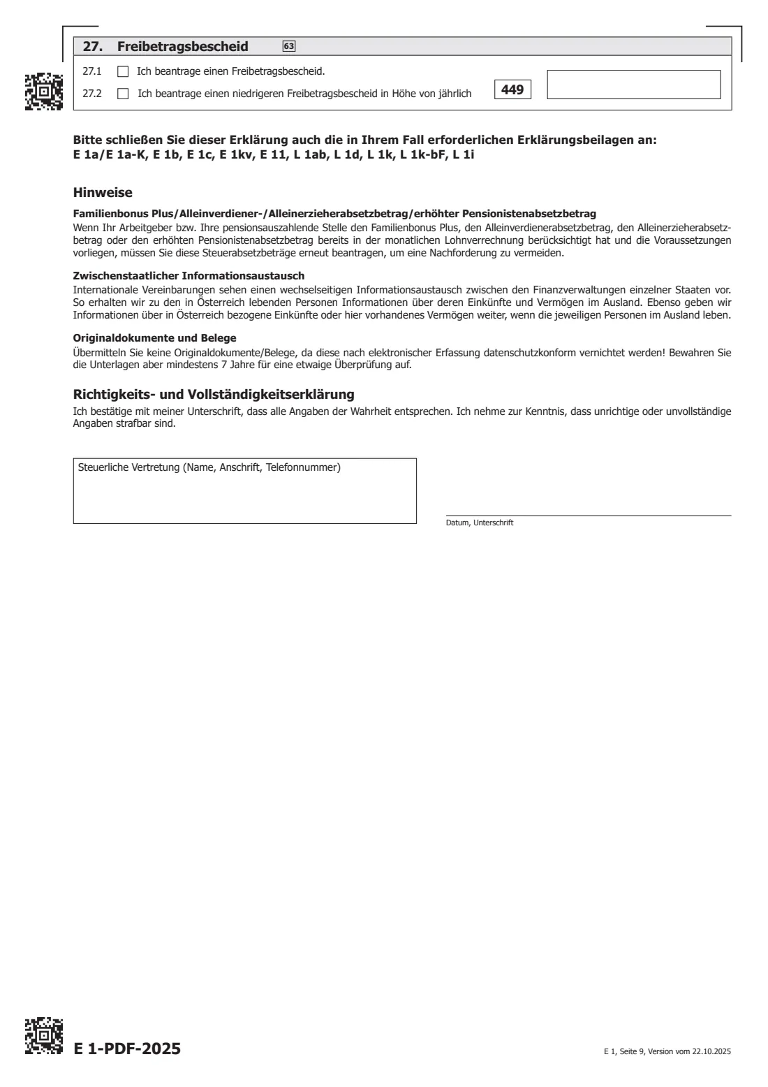 E 1 (2025) — income tax return (2025) Income tax return 2025 (Einkommensteuererklärung für 2025, E 1) — page 9 of 9