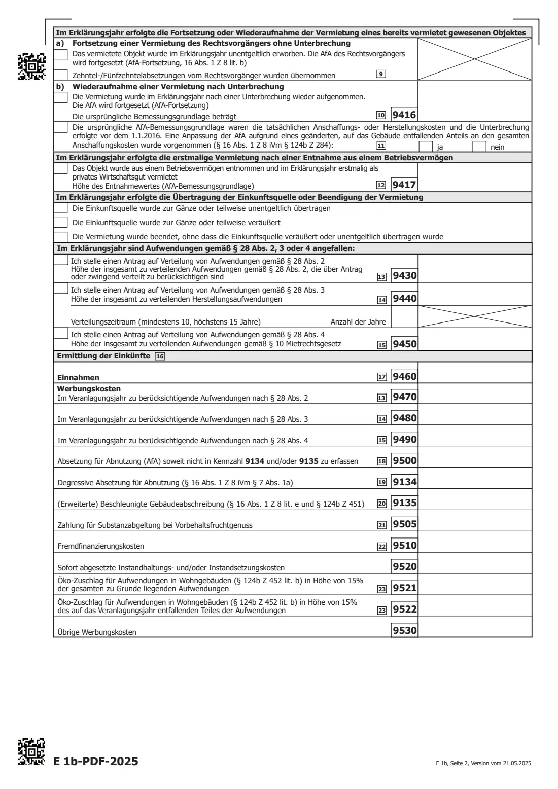 E 1b (2025) — rental income (2025) Annex for rental income 2025 (Beilage E 1b - Einkünfte aus Vermietung und Verpachtung) — page 2 of 4