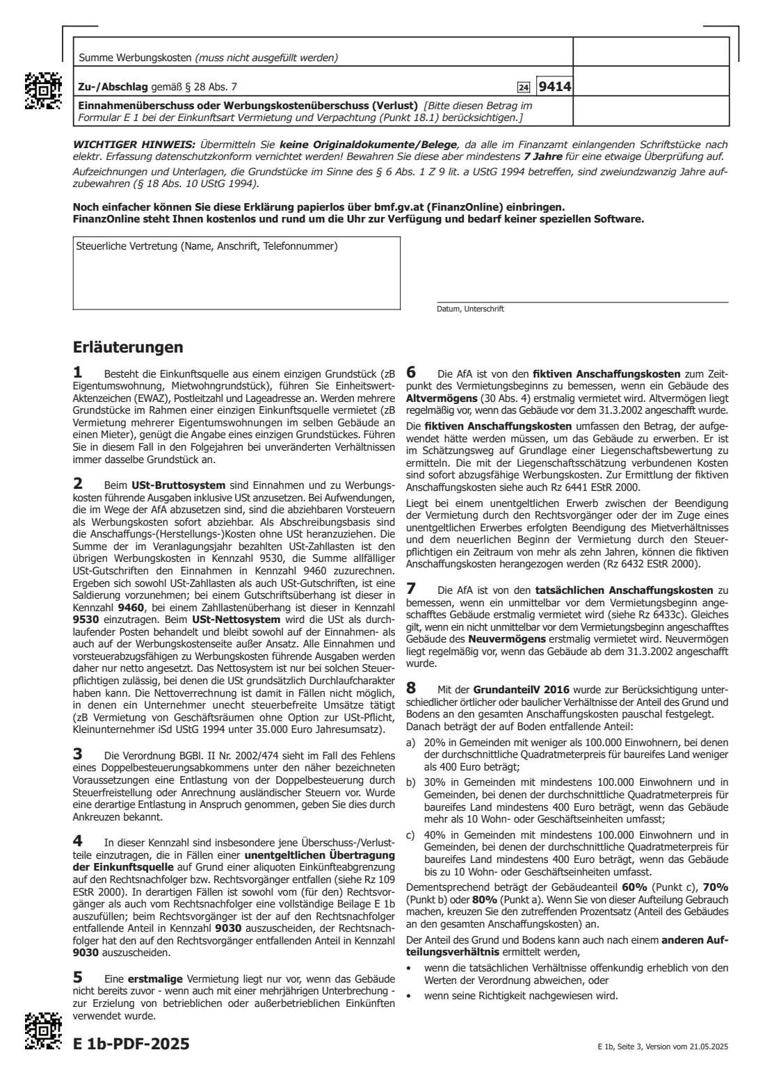 E 1b (2025) — rental income (2025) Annex for rental income 2025 (Beilage E 1b - Einkünfte aus Vermietung und Verpachtung) — page 3 of 4