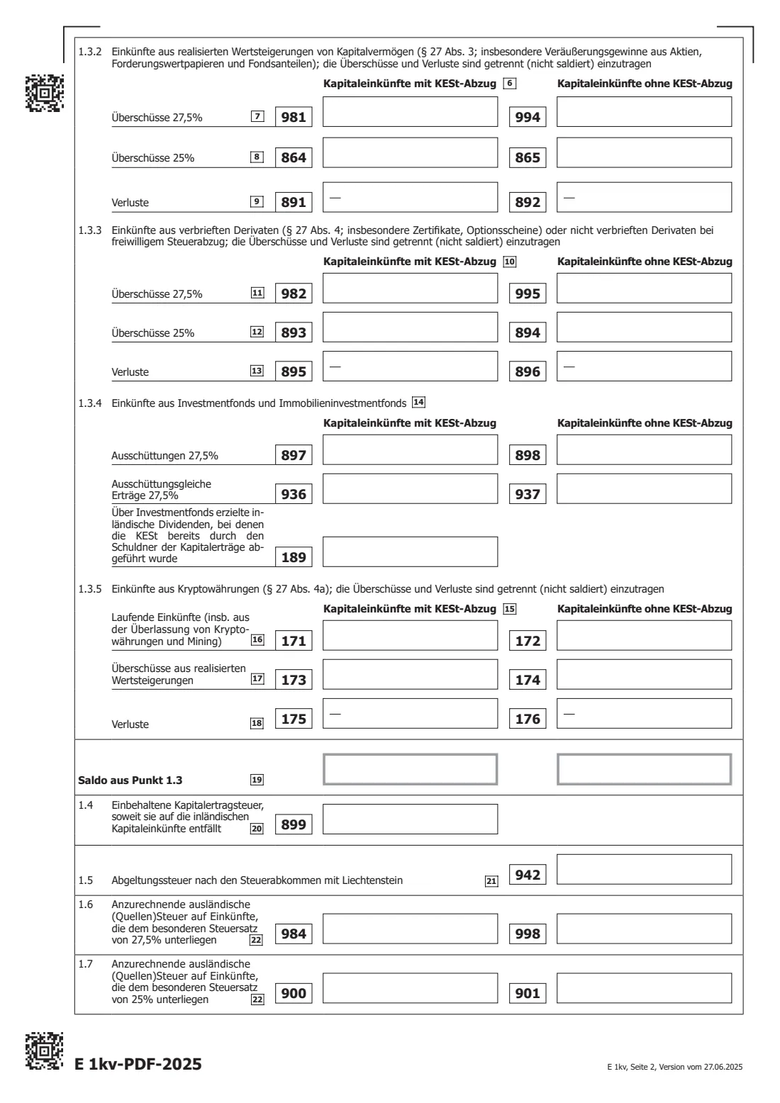 E 1kv (2025) — capital income (2025) Annex for capital income 2025 (Beilage E 1kv - Einkünfte aus Kapitalvermögen) — page 2 of 4