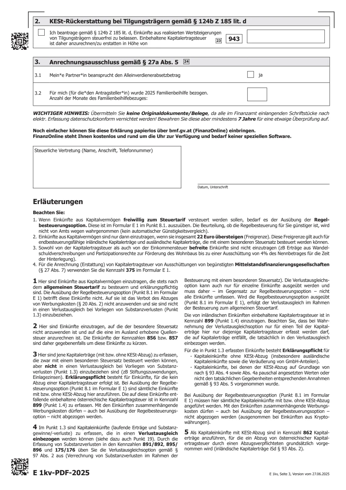E 1kv (2025) — capital income (2025) Annex for capital income 2025 (Beilage E 1kv - Einkünfte aus Kapitalvermögen) — page 3 of 4