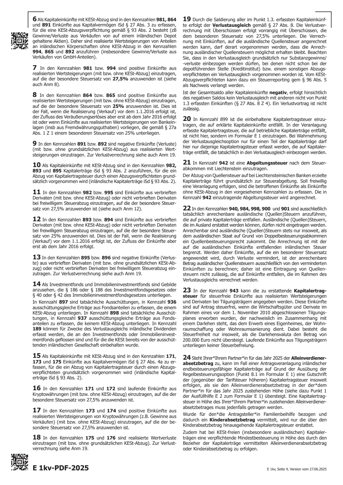 E 1kv (2025) — capital income (2025) Annex for capital income 2025 (Beilage E 1kv - Einkünfte aus Kapitalvermögen) — page 4 of 4