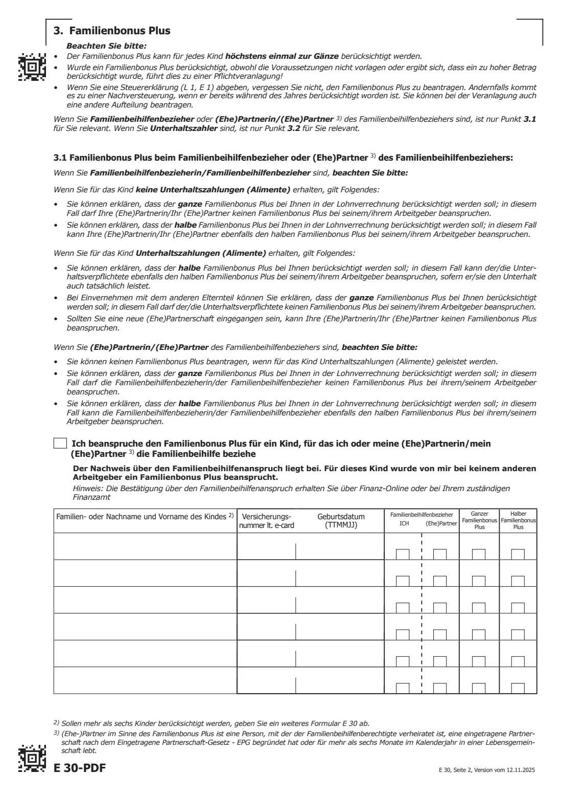 E 30 — Familienbonus Plus declaration to the employer (2025) Erklärung zur Berücksichtigung des Alleinverdiener-/Alleinerzieherabsetzbetrages, des Familienbonus Plus, behinderungsbedingter Freibeträge und des erhöhten Pensionistenabsetzbetrages (E 30) — page 2 of 4