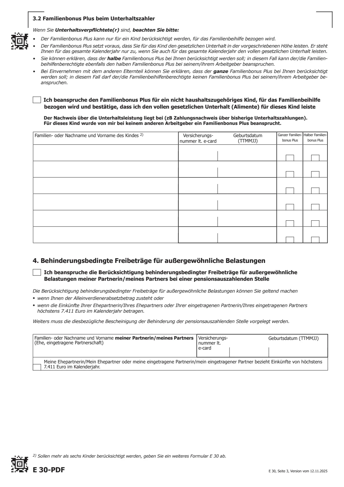 E 30 — Familienbonus Plus declaration to the employer (2025) Erklärung zur Berücksichtigung des Alleinverdiener-/Alleinerzieherabsetzbetrages, des Familienbonus Plus, behinderungsbedingter Freibeträge und des erhöhten Pensionistenabsetzbetrages (E 30) — page 3 of 4