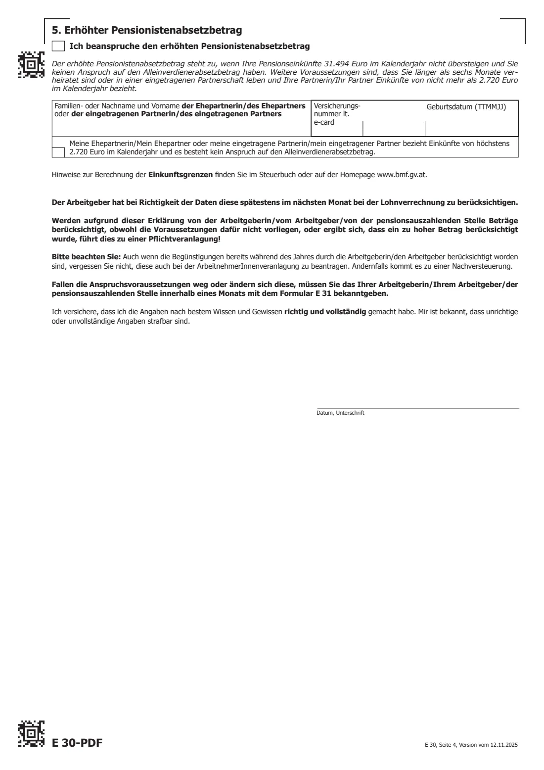 E 30 — Familienbonus Plus declaration to the employer (2025) Erklärung zur Berücksichtigung des Alleinverdiener-/Alleinerzieherabsetzbetrages, des Familienbonus Plus, behinderungsbedingter Freibeträge und des erhöhten Pensionistenabsetzbetrages (E 30) — page 4 of 4