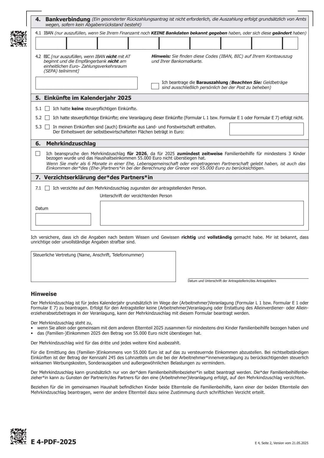 E 4 (2025) — Mehrkindzuschlag (2025) E 4 — Antrag auf den Mehrkindzuschlag auf Grund der Verhältnisse des Jahres 2025 (application for the large-family supplement) — page 2 of 2