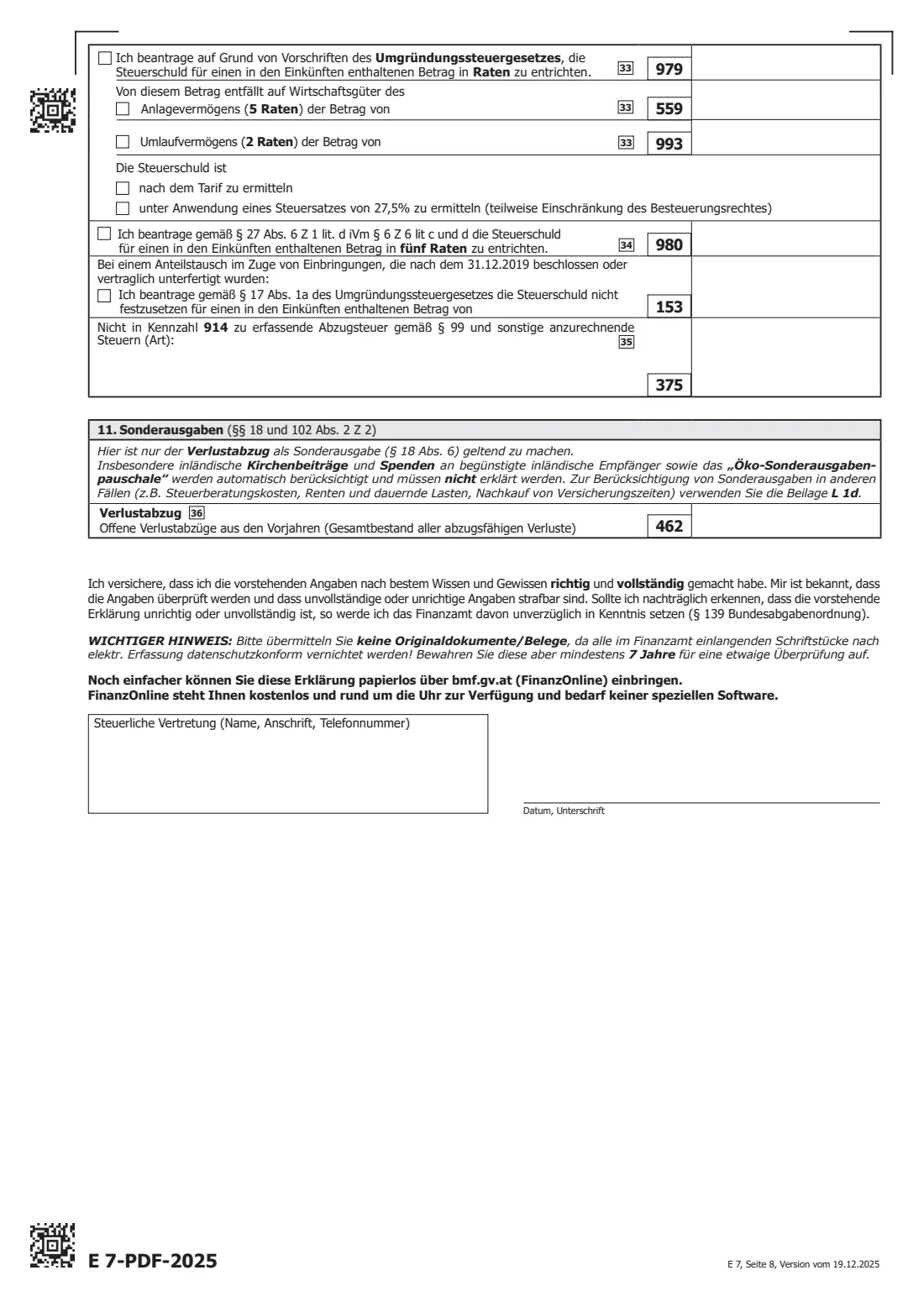 E 7 — income tax return 2025 (non-residents) (2025) E 7 Einkommensteuererklärung für 2025 (bei beschränkter Steuerpflicht) — income tax return 2025 for people with limited tax liability (non-residents) — page 8 of 8