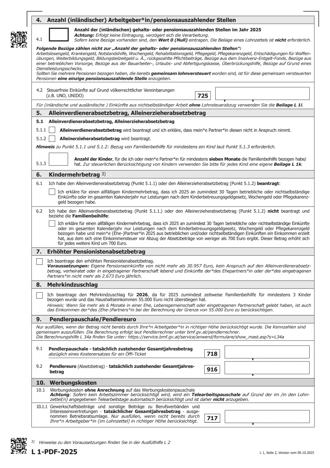 L 1 (2025) — employee tax assessment (2025) Erklärung L 1 zur ArbeitnehmerInnenveranlagung 2025 (employee tax assessment for 2025) — page 2 of 4