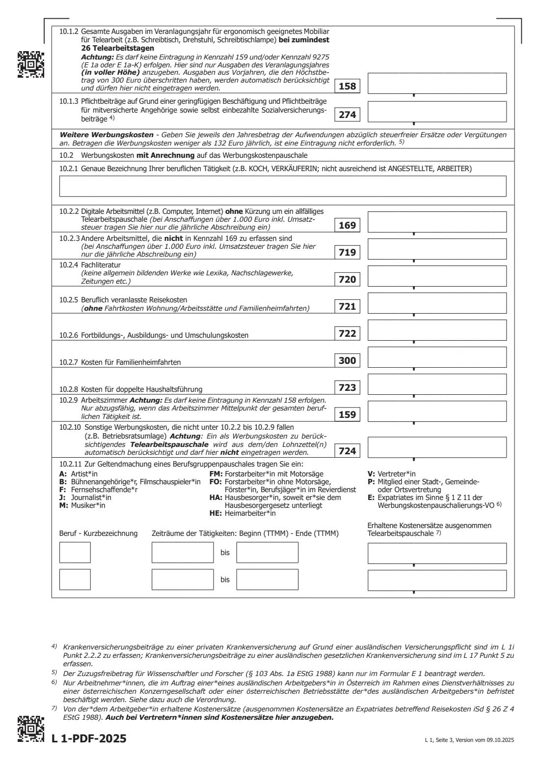 L 1 (2025) — employee tax assessment (2025) Erklärung L 1 zur ArbeitnehmerInnenveranlagung 2025 (employee tax assessment for 2025) — page 3 of 4