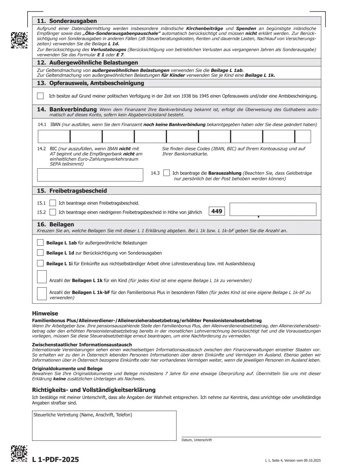 L 1 (2025) — employee tax assessment (2025) Erklärung L 1 zur ArbeitnehmerInnenveranlagung 2025 (employee tax assessment for 2025) — page 4 of 4