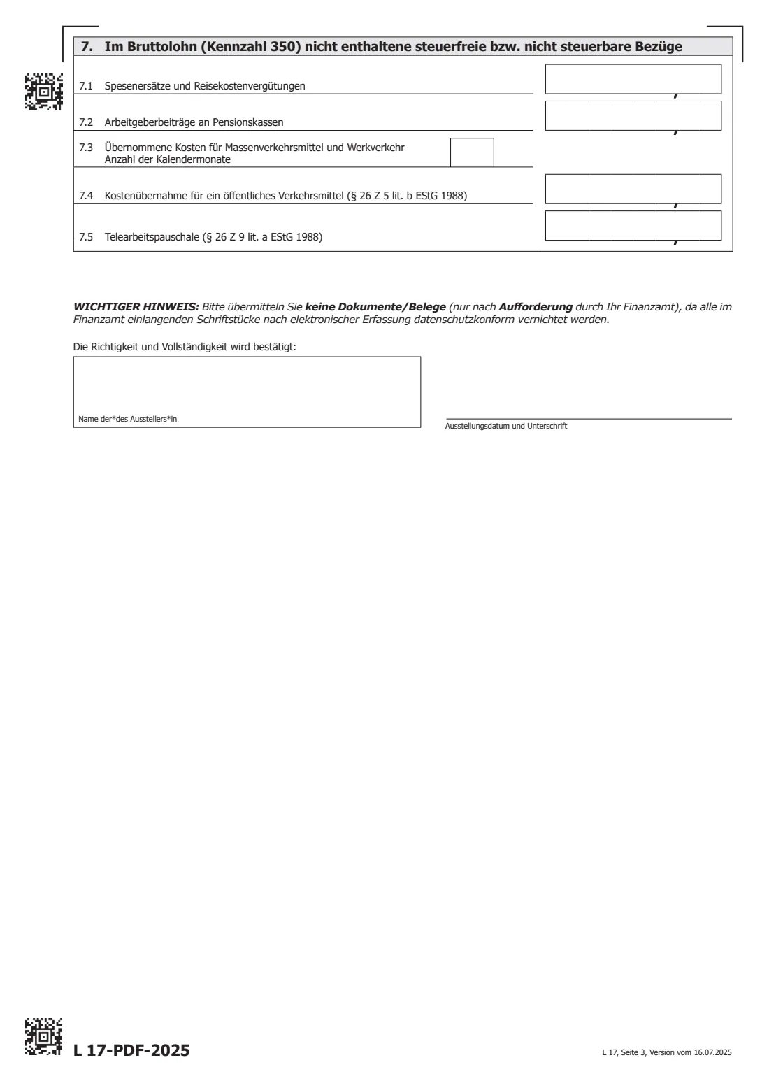 L 17 — Lohnausweis (pay statement) 2025 (2025) L 17 Lohnausweis / Lohnbescheinigung 2025 (employer's annual pay statement for 2025) — page 3 of 3
