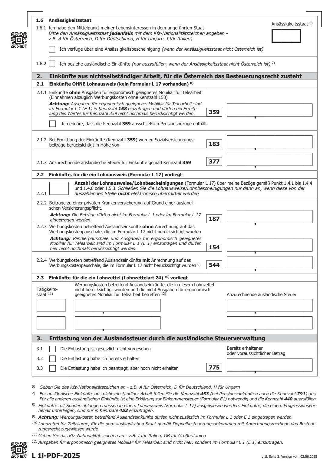 L 1i (2025) — foreign and untaxed employment income (2025) Annex L 1i for 2025: employment income without payroll tax or with a foreign element (Beilage L 1i zum Formular L 1 oder E 1) — page 2 of 3