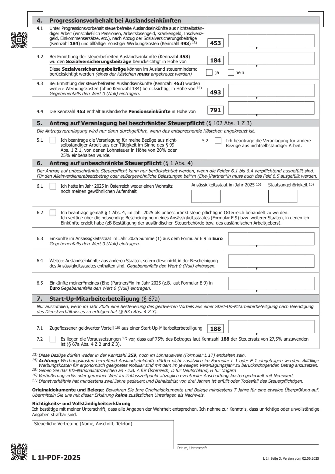 L 1i (2025) — foreign and untaxed employment income (2025) Annex L 1i for 2025: employment income without payroll tax or with a foreign element (Beilage L 1i zum Formular L 1 oder E 1) — page 3 of 3