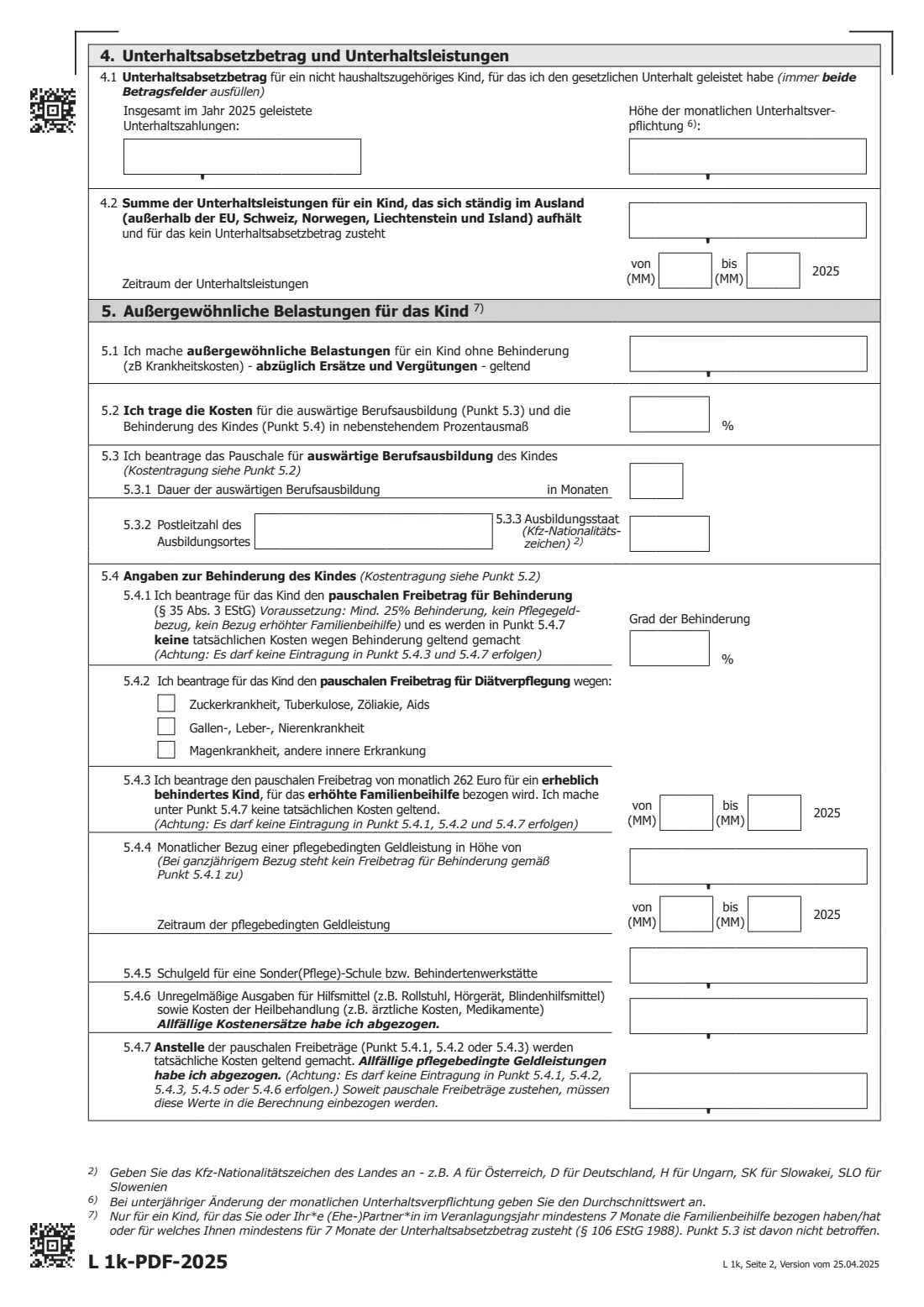 L 1k (2025) — child supplement to the tax return (2025) Beilage L 1k für 2025 zum Formular L 1 oder E 1 (Familienbonus Plus, Unterhaltsabsetzbetrag, außergewöhnliche Belastungen für Kinder) — page 2 of 3