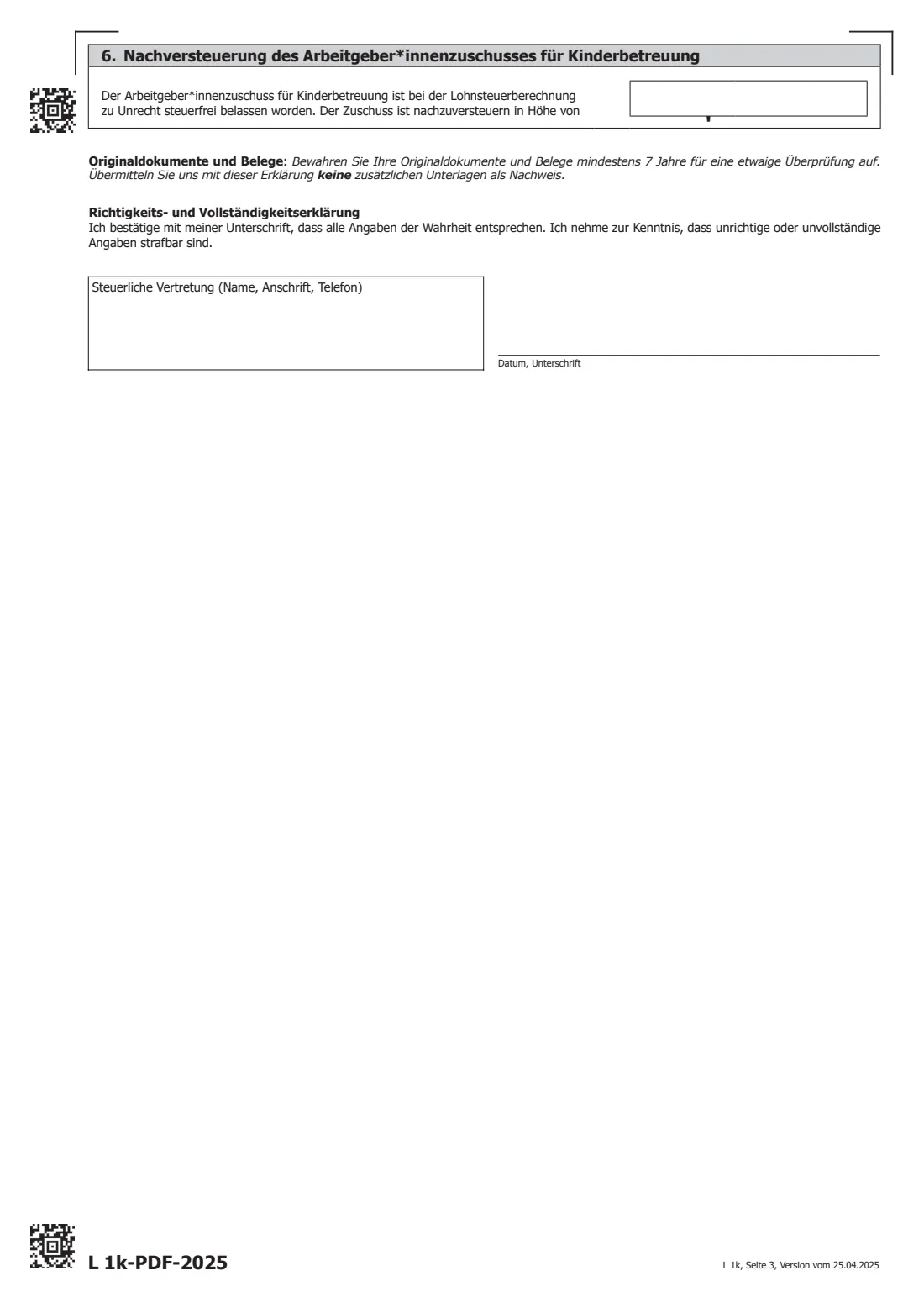 L 1k (2025) — child supplement to the tax return (2025) Beilage L 1k für 2025 zum Formular L 1 oder E 1 (Familienbonus Plus, Unterhaltsabsetzbetrag, außergewöhnliche Belastungen für Kinder) — page 3 of 3