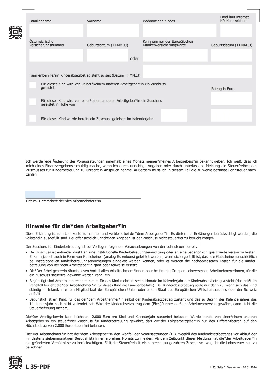 L 35 — childcare subsidy declaration (2024) Declaration for a tax-free employer childcare subsidy (Erklärung zur Berücksichtigung eines steuerfreien Zuschusses für Kinderbetreuungskosten, L 35) — page 2 of 2