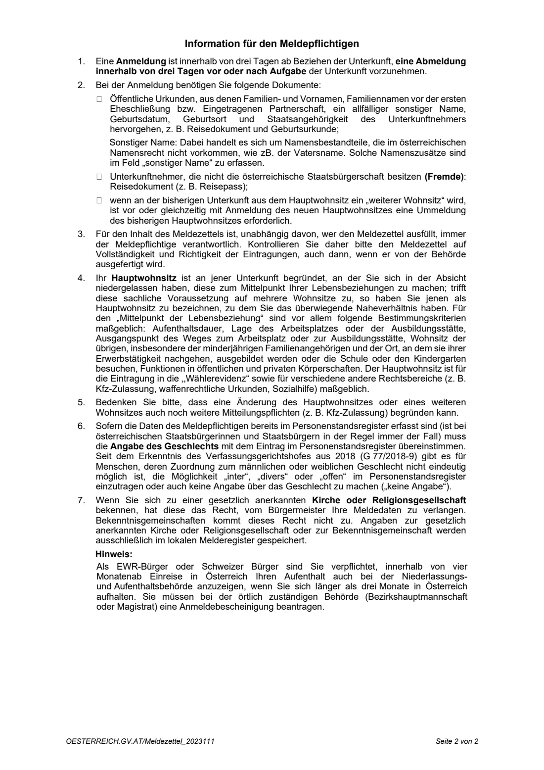 Meldezettel (2023) Meldezettel (residence registration form) — page 2 of 2