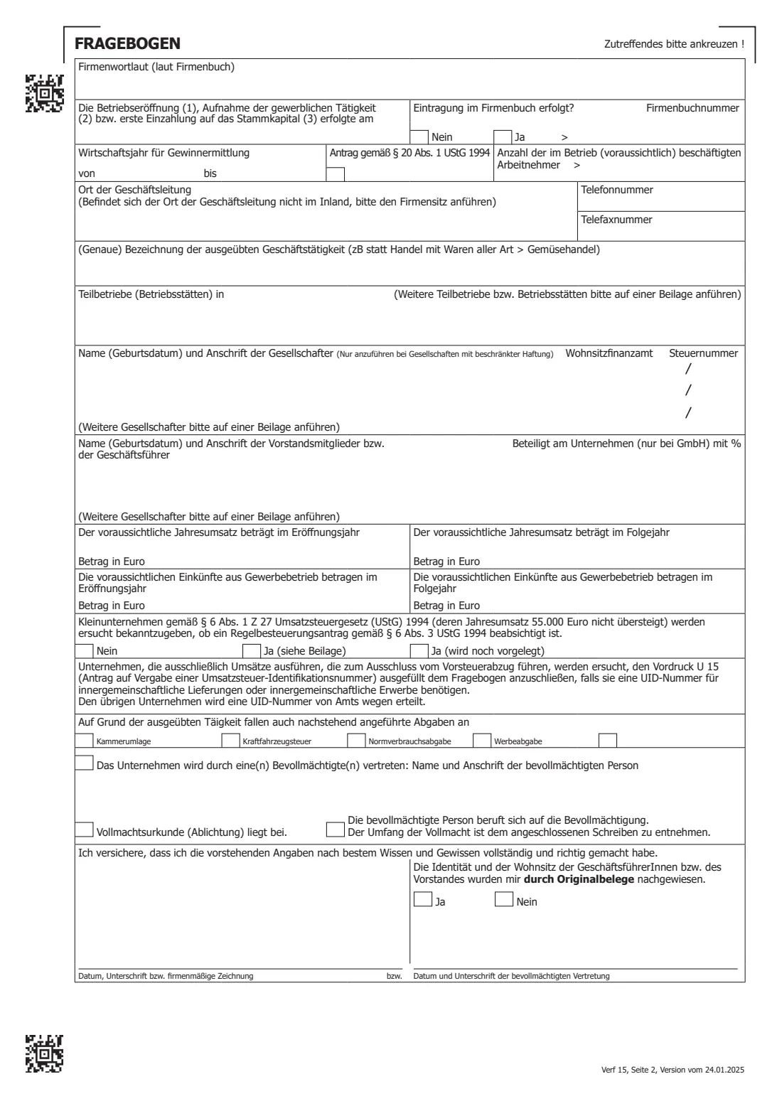 Verf 15 — tax registration questionnaire (companies) (2025) Verf 15 Fragebogen für nach inländischem Recht gegründete Körperschaften (ausgenommen Vereine und Privatstiftungen) — tax registration questionnaire for companies — page 2 of 2