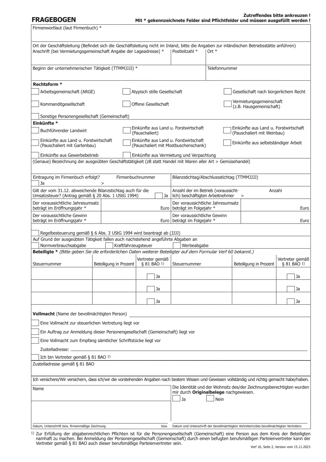 Verf 16 — tax registration questionnaire (partnerships) (2023) Verf 16 Fragebogen für Gesellschaften (ARGE, atypisch stille Gesellschaft, GesbR, GmbH & Co KG, KG, OG, Vermietungsgemeinschaft) — tax registration questionnaire for partnerships — page 2 of 2