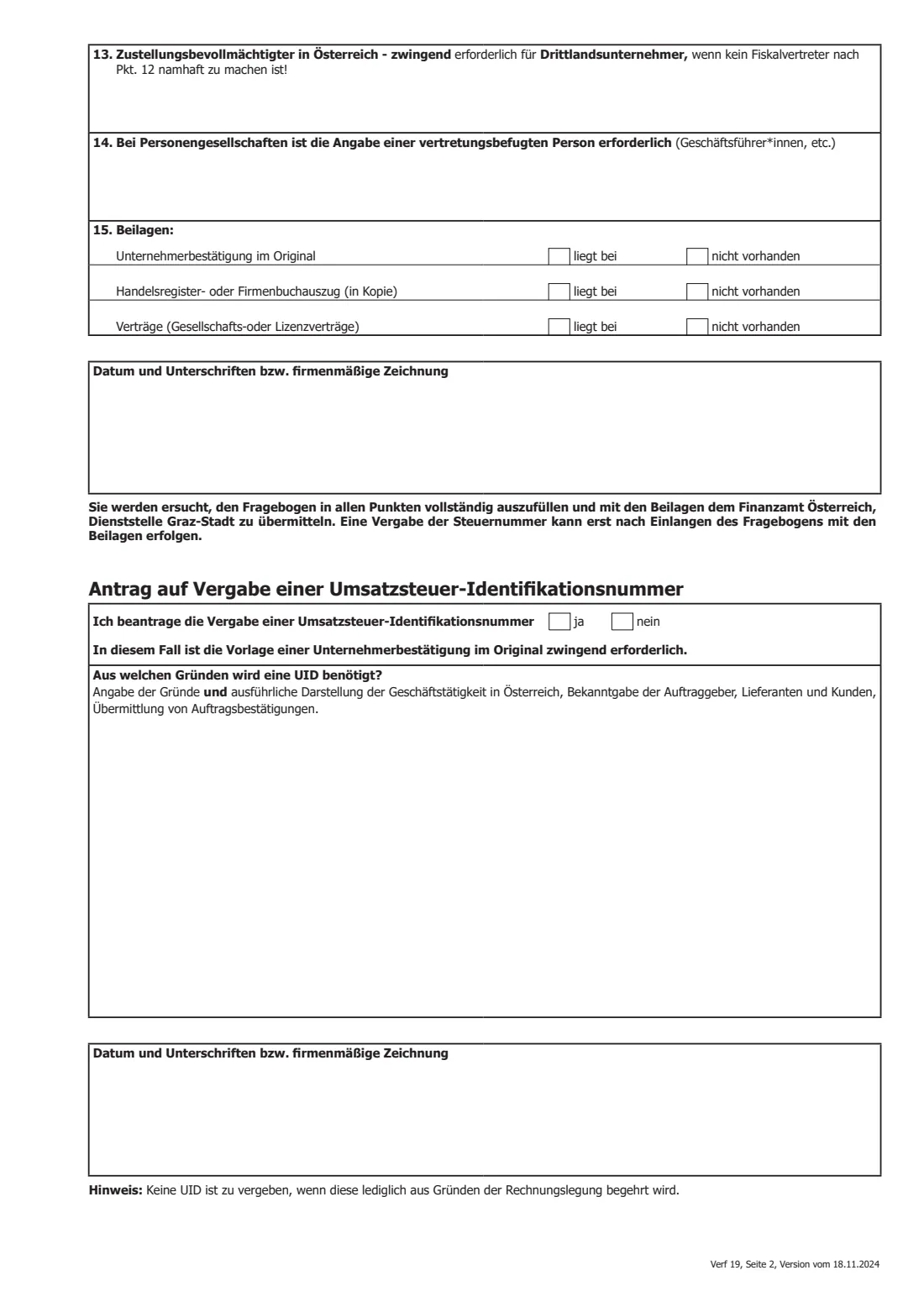 Verf 19 — tax registration questionnaire (foreign businesses) (2024) Verf 19 Fragebogen für das Veranlagungsverfahren anlässlich der Erteilung einer Steuernummer/Umsatzsteuer-Identifikationsnummer für Unternehmer, die im Inland weder ihren Sitz noch eine Betriebsstätte haben (tax registration questionnaire for foreign businesses) — page 2 of 2