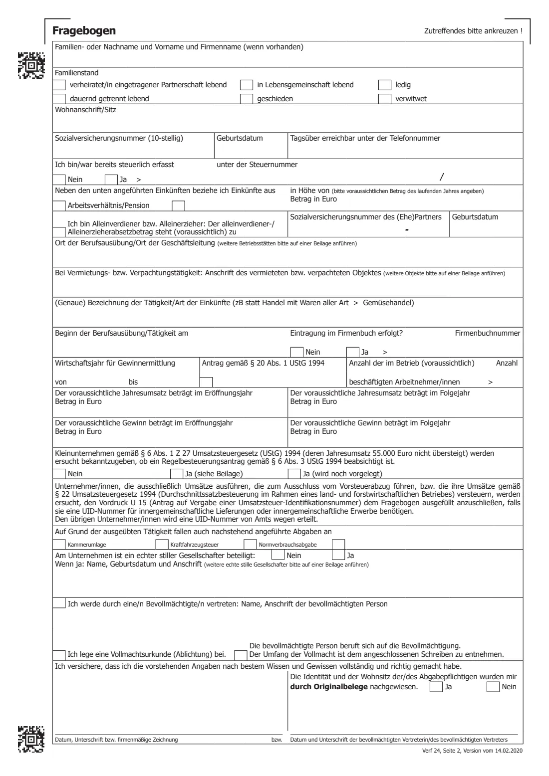 Verf 24 — tax registration questionnaire (individuals) (2020) Verf 24 Fragebogen für natürliche Personen (tax registration questionnaire for individuals starting a self-employed activity, a business, farming or renting) — page 2 of 2