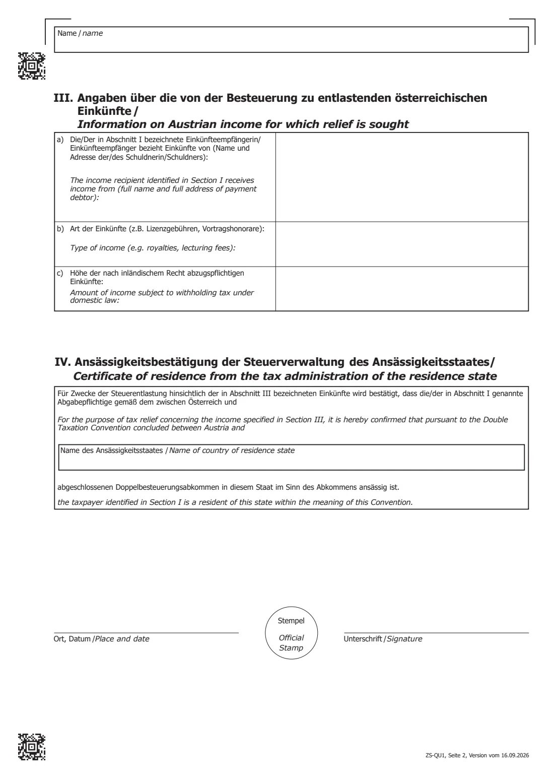 ZS-QU1 — DTC relief at source (individuals) (2026) ZS-QU1 Erklärung natürlicher Personen für Zwecke der DBA-Quellensteuerentlastung / Declaration by individuals for the purpose of tax treaty relief at source — page 2 of 2