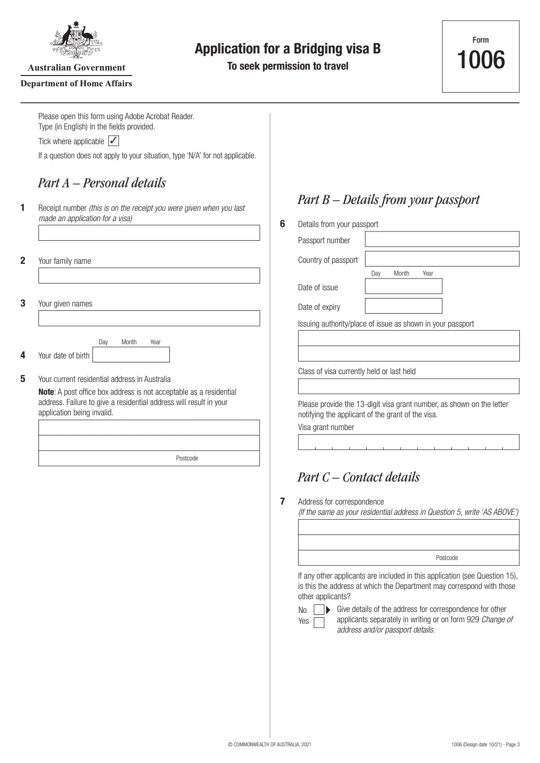 Form 1006 — Bridging visa B (permission to travel) (2021) Application for a Bridging visa B (permission to travel) — page 3 of 8