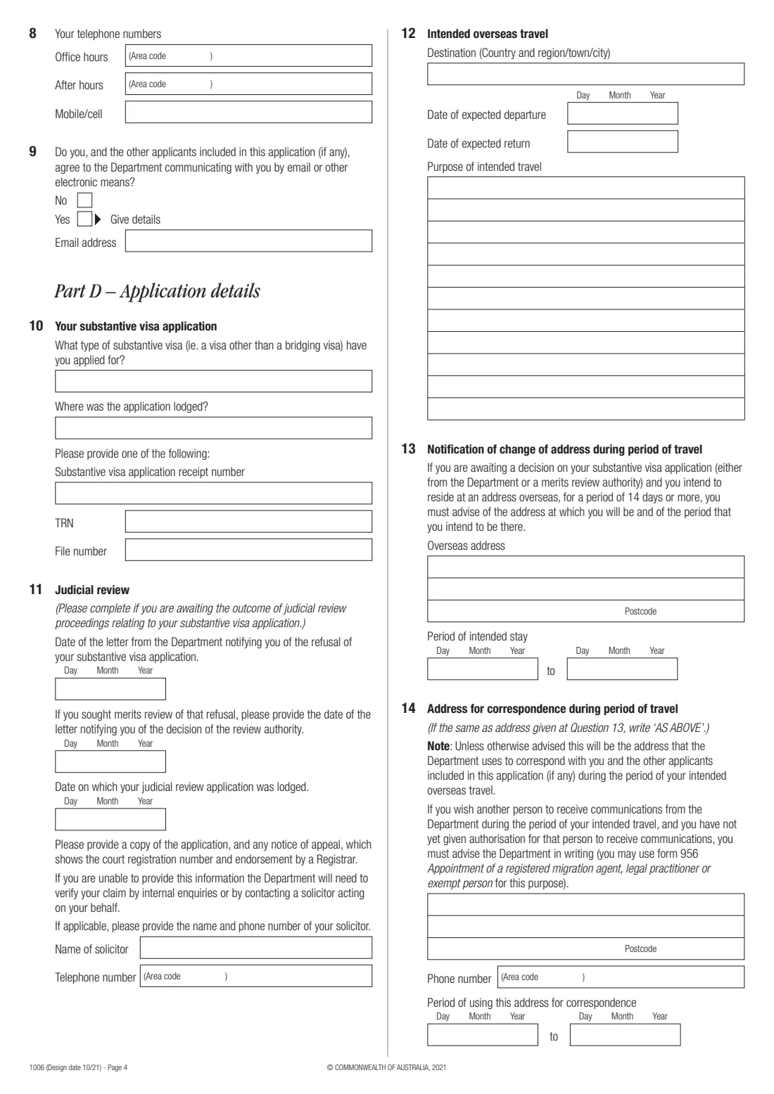 Form 1006 — Bridging visa B (permission to travel) (2021) Application for a Bridging visa B (permission to travel) — page 4 of 8