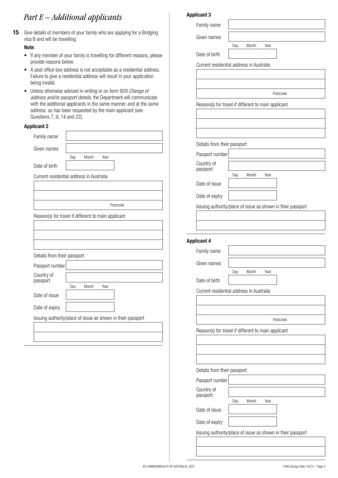 Form 1006 — Bridging visa B (permission to travel) (2021) Application for a Bridging visa B (permission to travel) — page 5 of 8