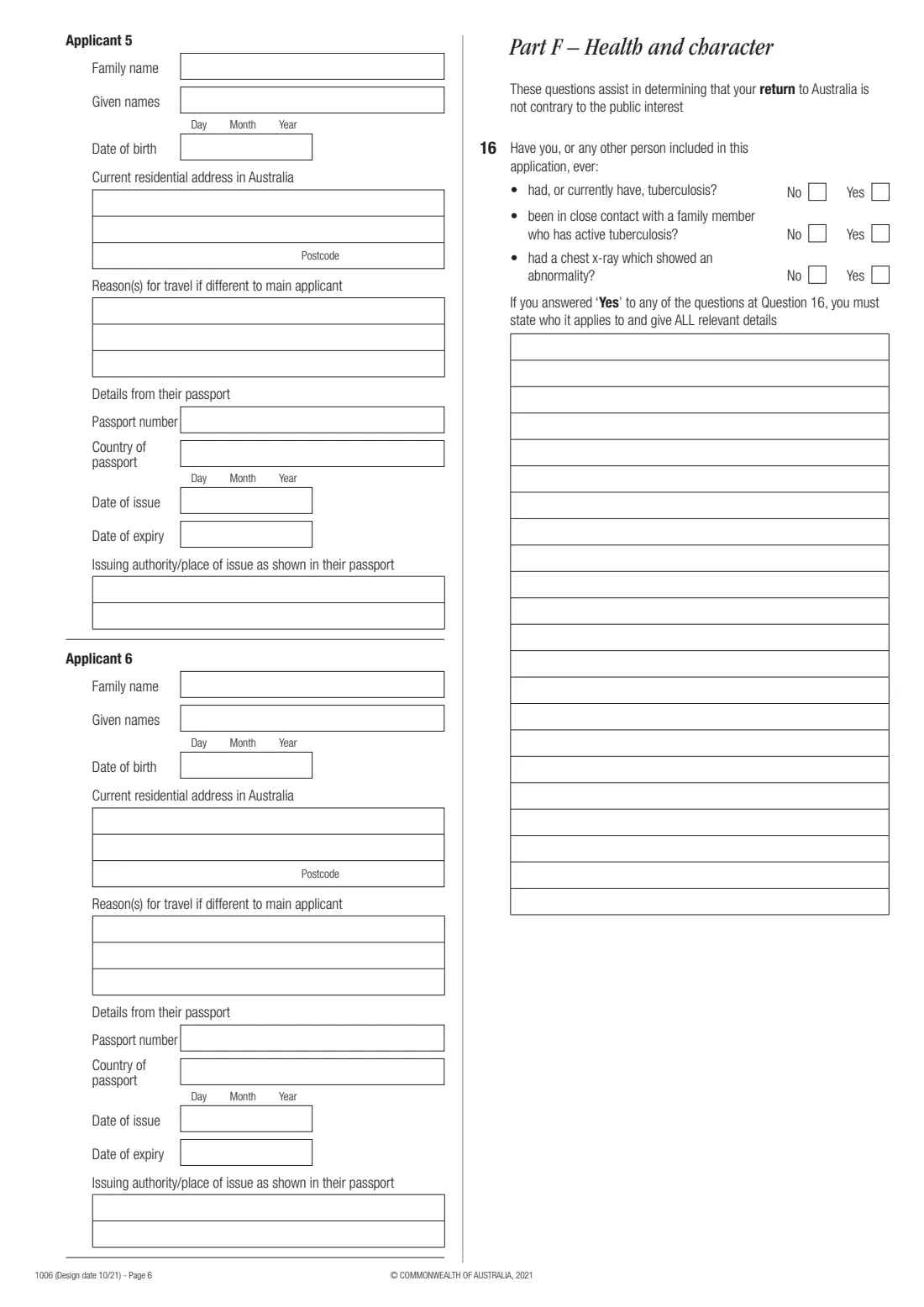 Form 1006 — Bridging visa B (permission to travel) (2021) Application for a Bridging visa B (permission to travel) — page 6 of 8