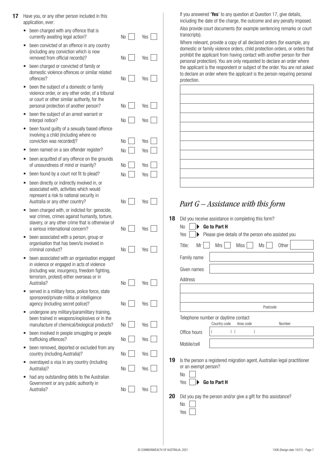 Form 1006 — Bridging visa B (permission to travel) (2021) Application for a Bridging visa B (permission to travel) — page 7 of 8