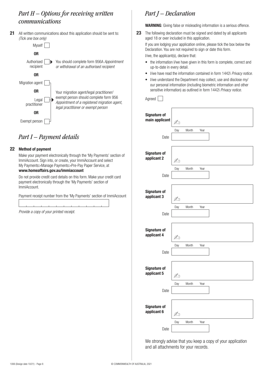 Form 1006 — Bridging visa B (permission to travel) (2021) Application for a Bridging visa B (permission to travel) — page 8 of 8