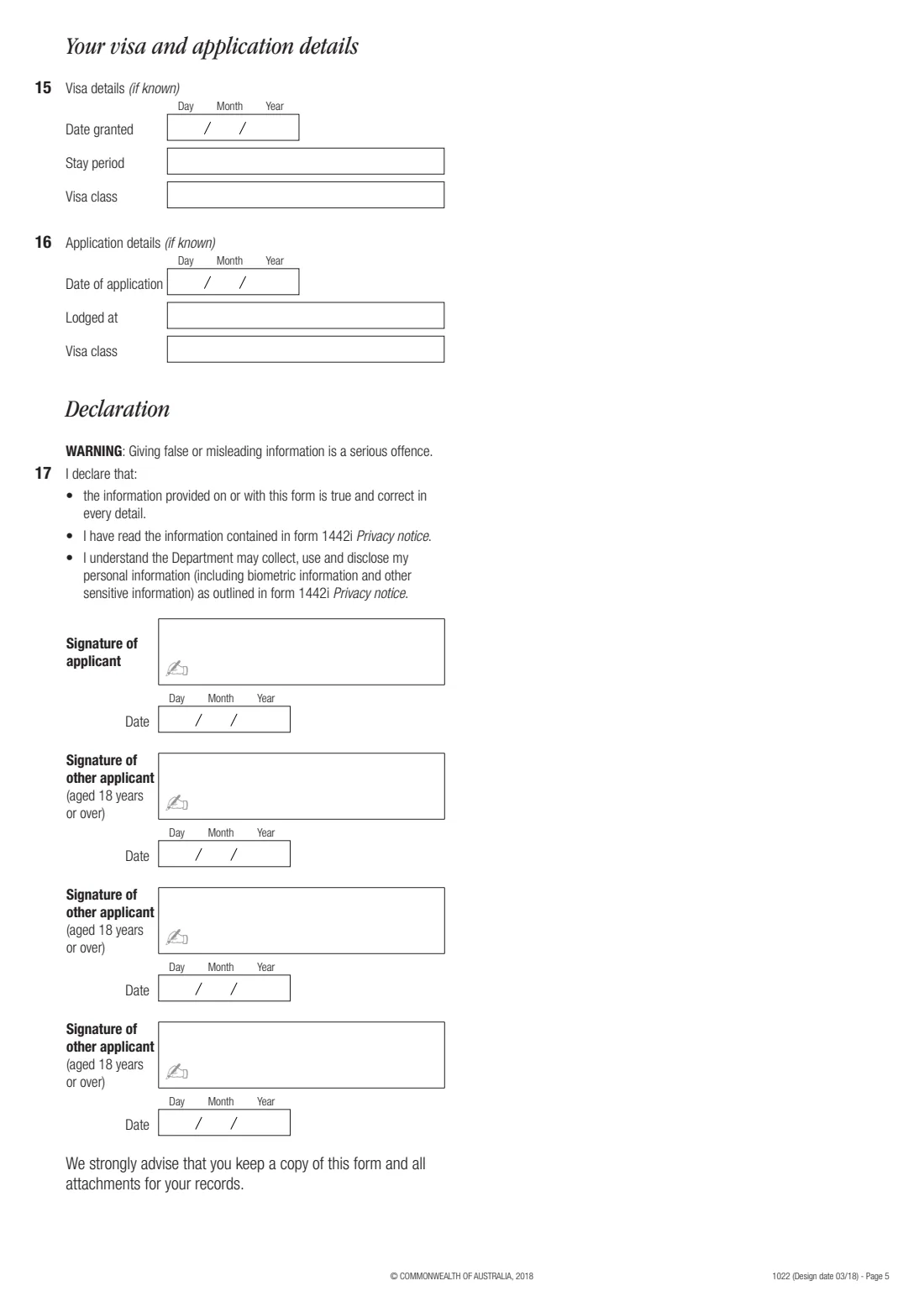 Form 1022 — Notification of changes in circumstances (2018) Notification of changes in circumstances (Section 104 of the Migration Act 1958) — page 5 of 5