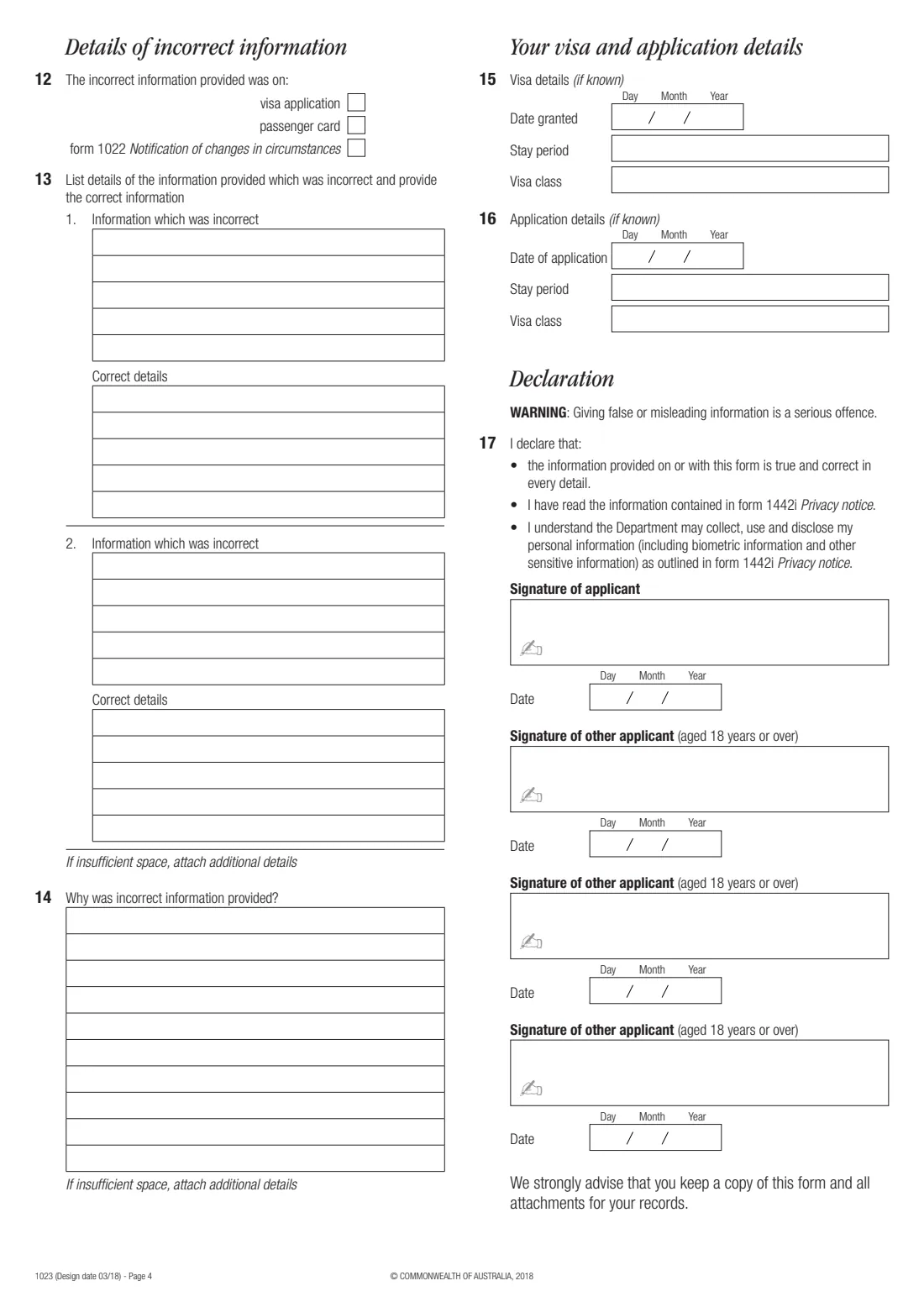 Form 1023 — notification of incorrect answers (2018) Notification of incorrect answer(s) — page 4 of 4
