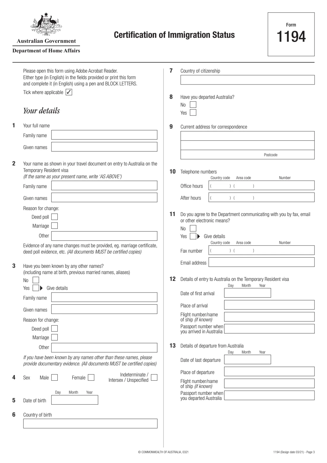 Form 1194 — Certification of Immigration Status (DASP) (2021) Certification of Immigration Status — page 3 of 5