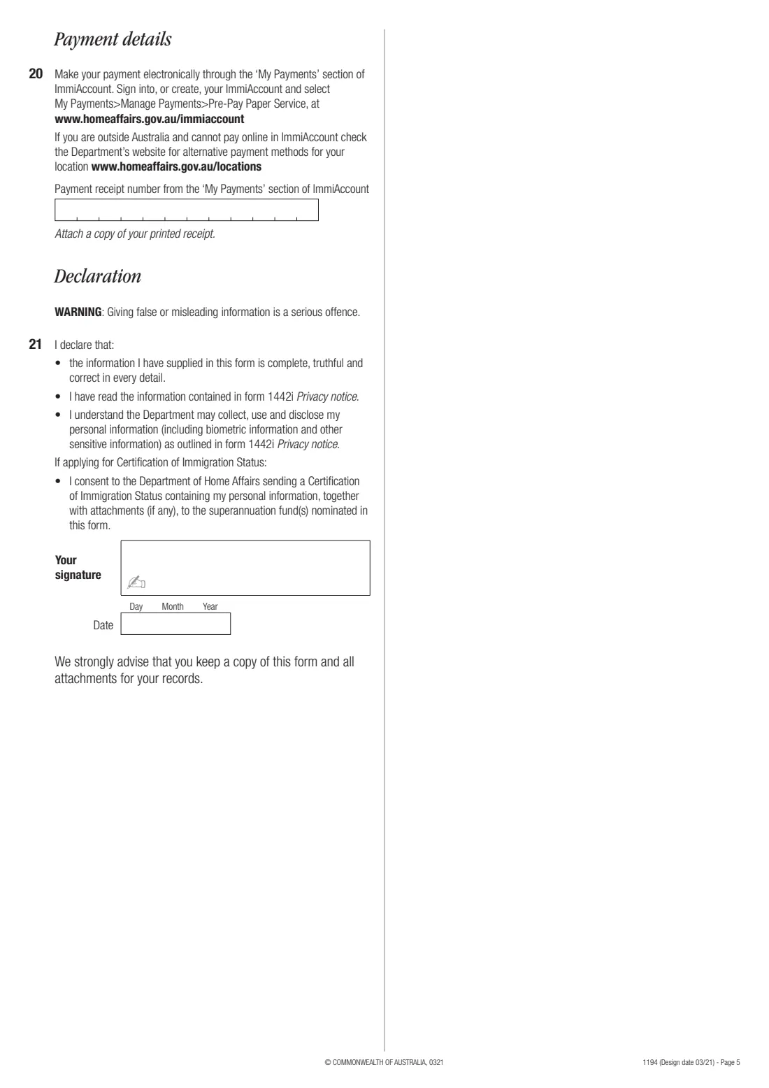 Form 1194 — Certification of Immigration Status (DASP) (2021) Certification of Immigration Status — page 5 of 5