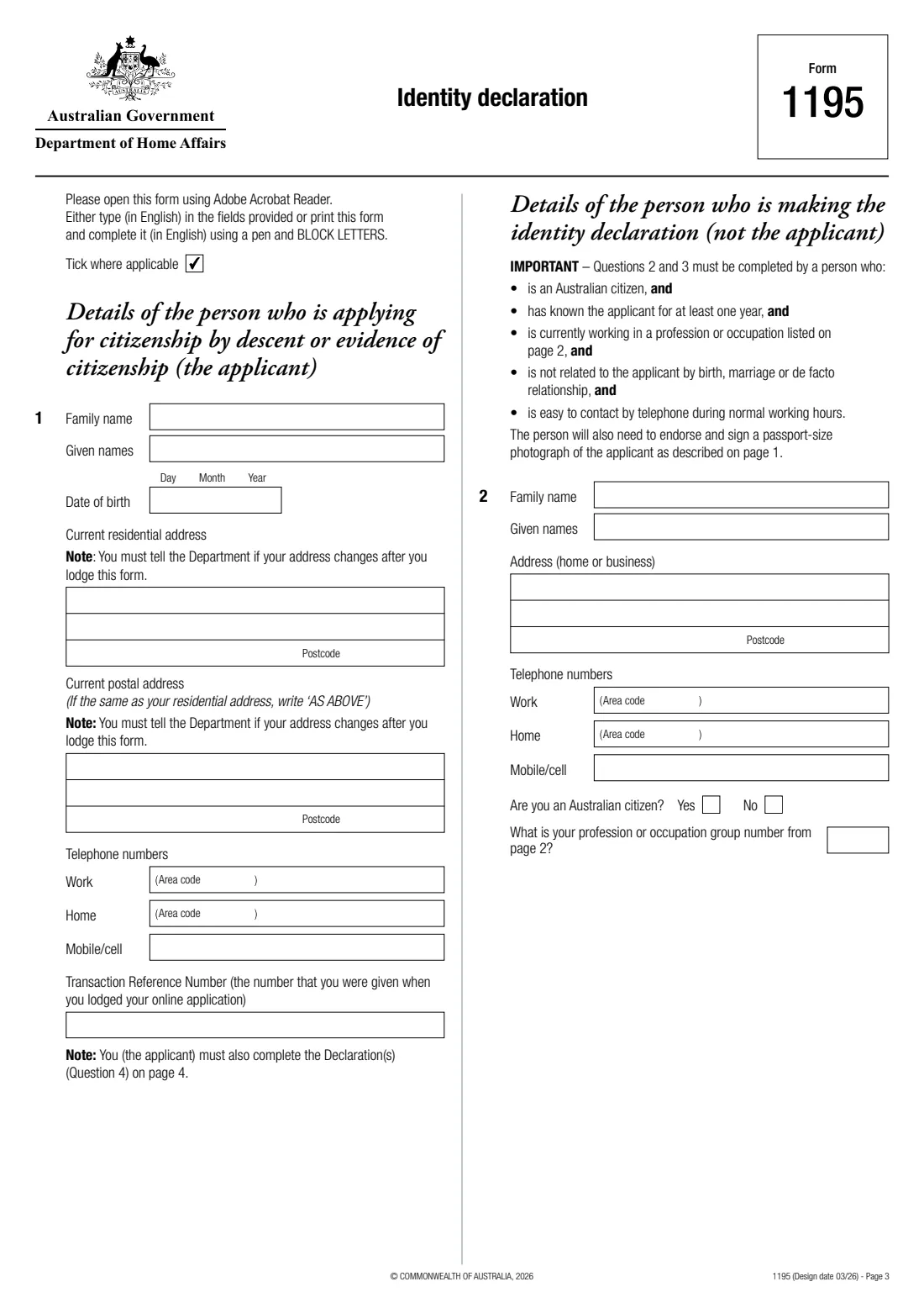 Form 1195 — Identity declaration (2026) Identity declaration — page 3 of 4